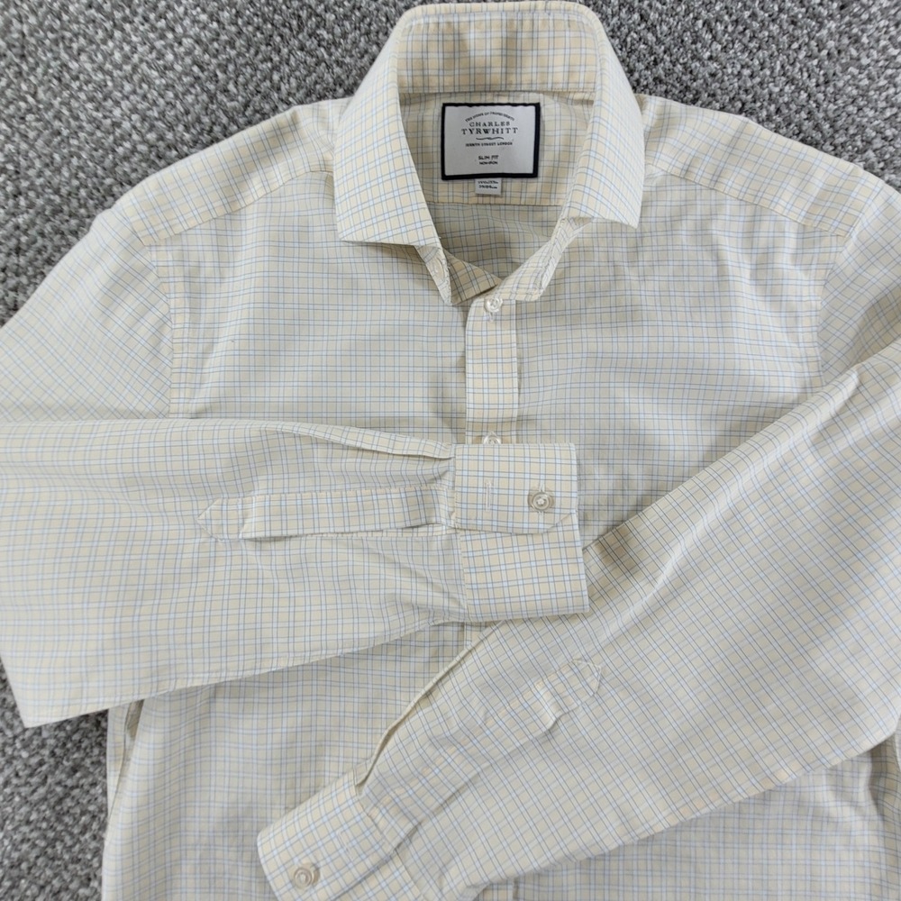 Charles Tyrwhitt Slim Fit Non Iron Mens Button Up Shirt Yellow Blue 15.5 / 33